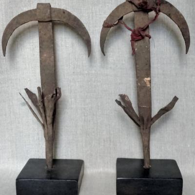 Two middle-sized iron piques, used to charge the power of the family-altar, when consulting the ancestors. Height:29 cm. Fon, Togo.