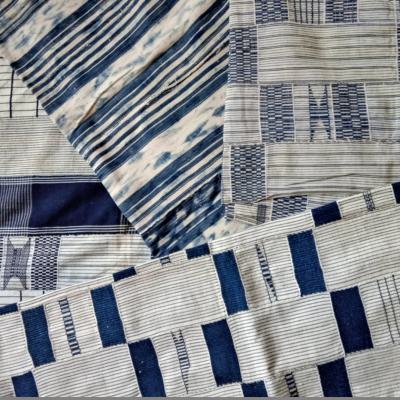 Different textiles, dyed with indigo. Baoulé (Ivory Coast) and Ewe (Ghana).