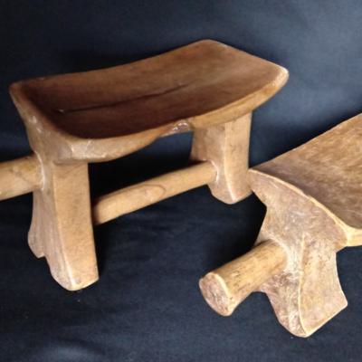 Two small stools, easy to carry around. Collected in the village of Arbore. L. 28-32 cm. Arbore, Southern-Ethiopia.